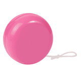 A pink plastic yo-yo with a white string attached, featuring a smooth, glossy surface. A pink plastic yo-yo with a white string attached, featuring a smooth, glossy surface.