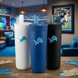 A drink bottle set featuring three tumblers in white, blue, and black, each with a logo.