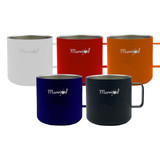 A set of five reusable coffee cups in white, red, orange, navy, and black, each with a handle and a logo.