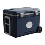A navy blue rolling cooler box with a handle and wheels, featuring a logo and two cup holders on the lid.