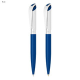 A blue pen and pencil set featuring a sleek design and chrome accents, presented in a gift set.