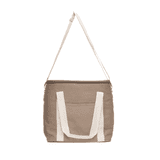 A tan cooler bag with white straps and a front pocket, featuring a shoulder strap and a zippered top.