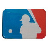 A rectangular button badge featuring a silhouette of a baseball player, with blue and red background colours. A rectangular button badge featuring a silhouette of a baseball player, with blue and red background colours.
