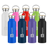 A drink bottle collection featuring various colours: white, pink, green, red, navy, purple, black, and blue, each with a logo.