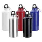 A drink bottle set featuring white, silver, red, black, and blue bottles, each with a carabiner and a logo.