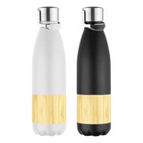 A drink bottle set featuring a white and a black bottle, both with a bamboo accent and a metallic lid.