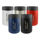 A stainless steel stubby holder in white, navy, black, red, and green, each with a black top and a logo.