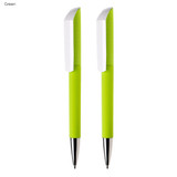 A set of two green plastic pens with white accents and a branding logo on the barrel.