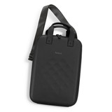 A black laptop case with a textured surface, featuring a handle and adjustable shoulder strap. It has a logo on the front.