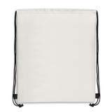 A drawstring backpack in a plain design, featuring black drawstrings and a blank canvas surface.