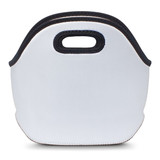 A white lunch bag with black stitching and two handles, featuring a simple design. It has a logo on one side.