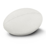 A rugby ball in white, featuring a smooth surface and a rounded shape, with a logo present.