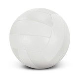A white volleyball with a smooth, textured surface and distinct seam detailing. The ball has a simple design and no visible logos.