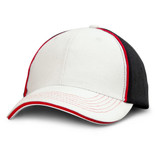 A cap featuring a white front and a black back, with red accents along the seams and brim. It has a logo on it.