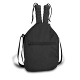 A black pickleball bag featuring double handles and a shoulder strap, suitable for carrying equipment.
