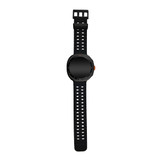 A black smart watch with a round face and a perforated strap, featuring an orange button on the side.