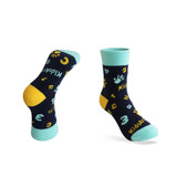 Custom pattern socks in navy blue, featuring playful numbers and paw print designs with teal and yellow accents.