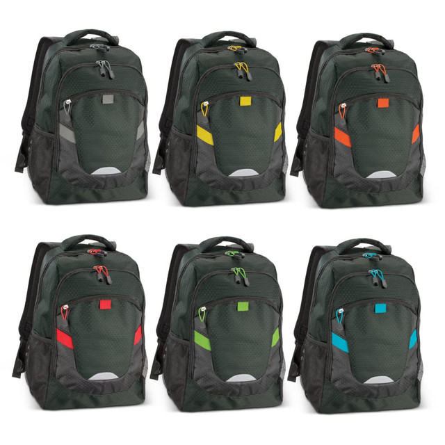 A collection of six green Summit Backpacks with various coloured accents in yellow, orange, red, and blue. A collection of six green Summit Backpacks with various coloured accents in yellow, orange, red, and blue.