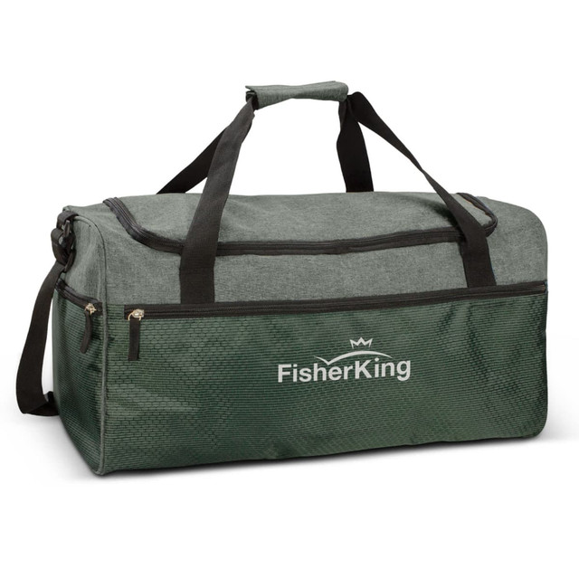 A green duffle bag with a zippered top and sturdy handles, featuring a logo on the front.