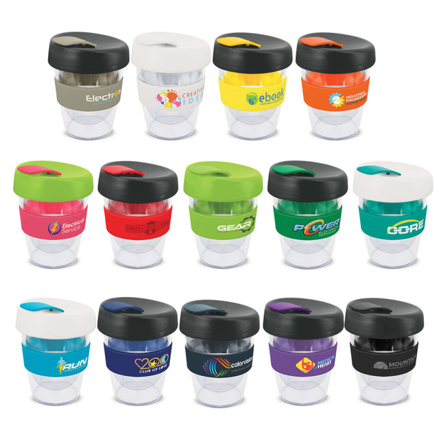A collection of colourful drink bottles with various designs and lids, some featuring logos.