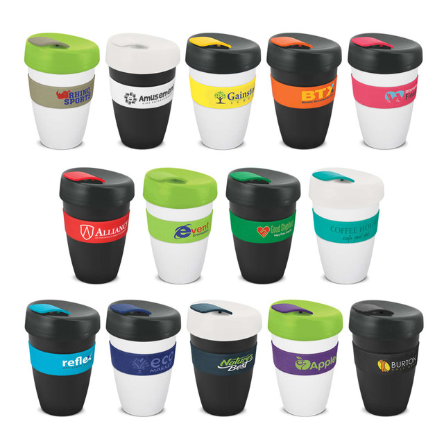 A collection of various double wall drink cups in multiple colours, featuring different logos and designs.