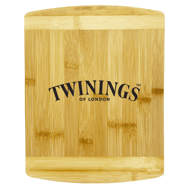 A bamboo cutting board with a smooth surface, featuring a logo. Its natural wood colour adds a warm touch.