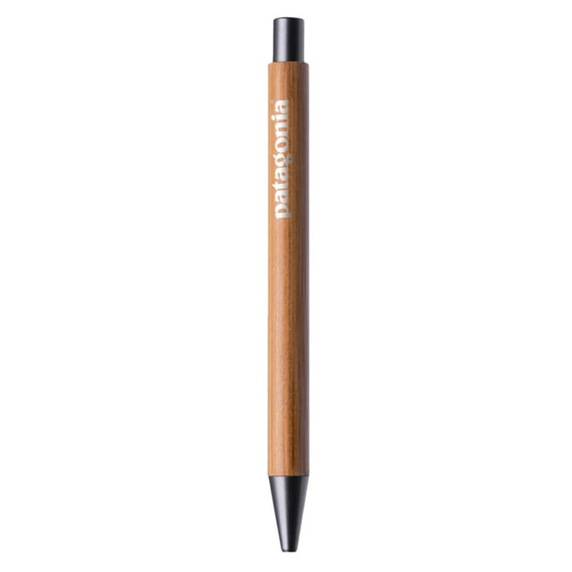A wooden pen with a black tip. The pen features a logo printed on its body.