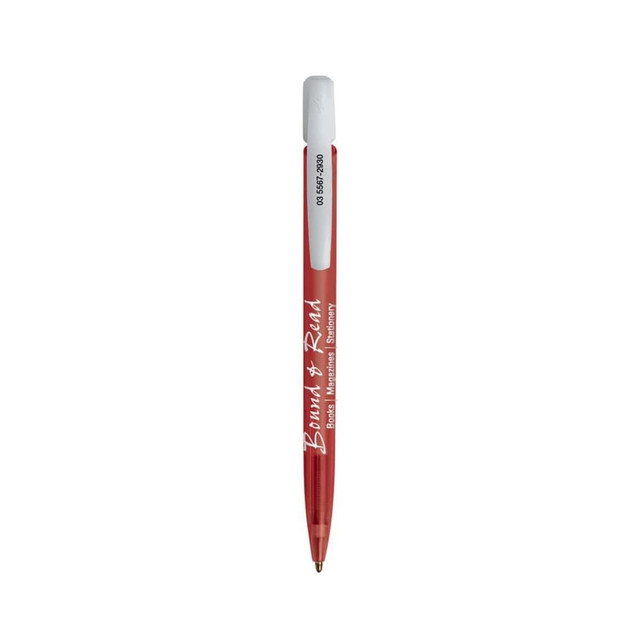 A red plastic pen with a white cap and a logo. It features a smooth, streamlined design.