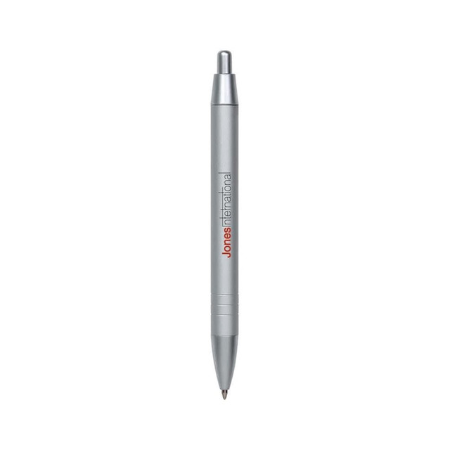 A silver metal pen with a sleek design and a visible logo.