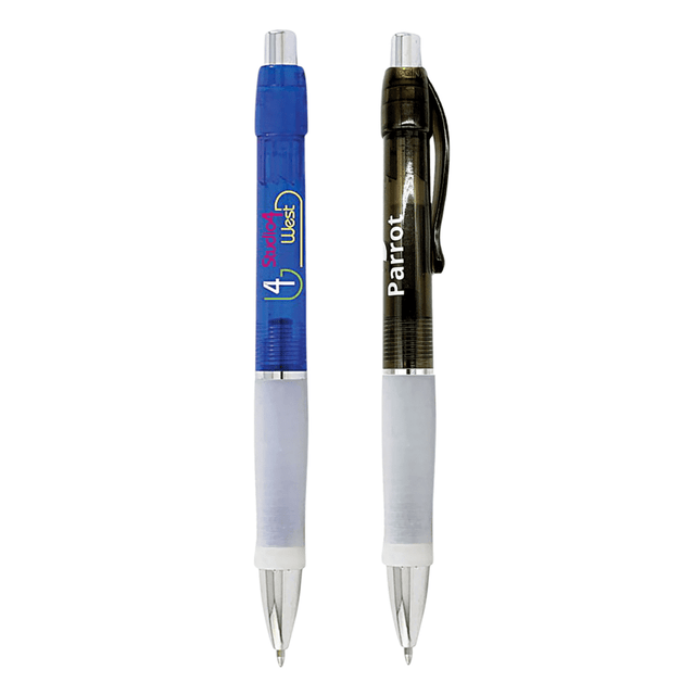 A set of two plastic pens, one blue and one dark grey, featuring white grips and a logo.