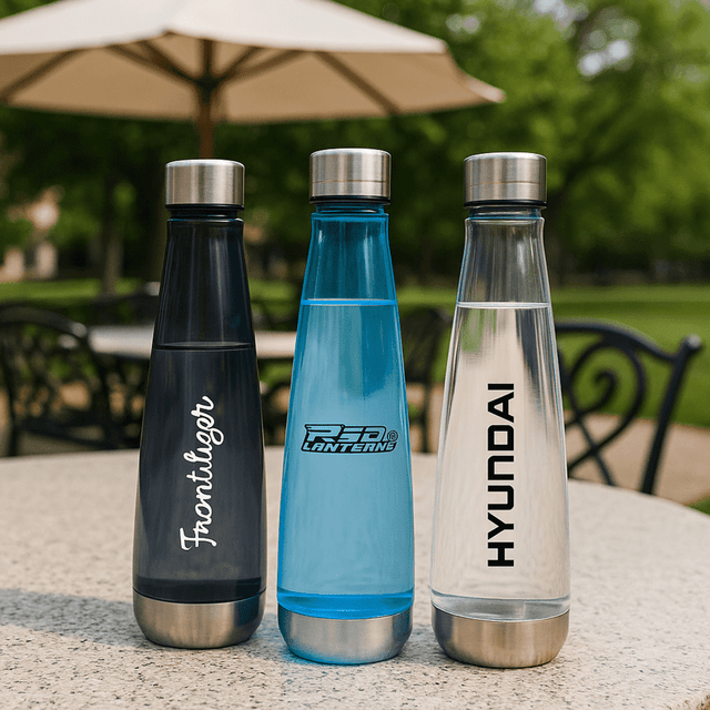 A drink bottle set featuring three Tritan bottles: one black, one blue, and one clear, all with stainless steel bases and logos.
