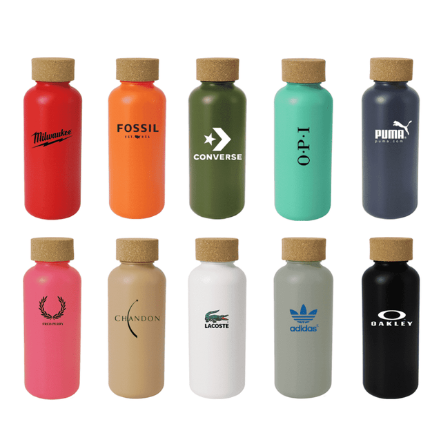 A drink bottle collection featuring various designs in colours like red, orange, green, black, and white, each with a cork lid.
