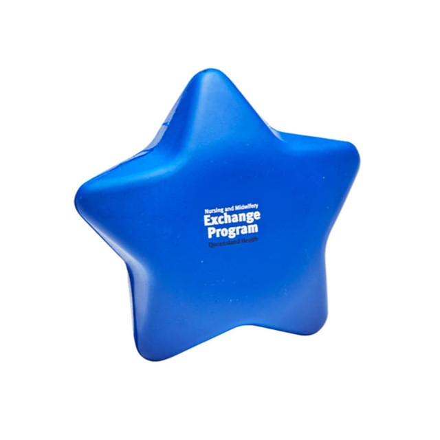 A blue star-shaped stress ball with a logo on one side, designed for fun and stress relief.