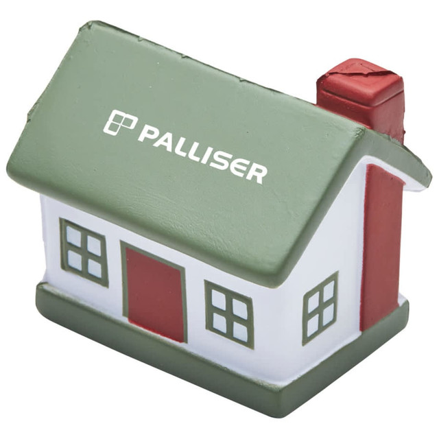 A stress toy shaped like a house, featuring a green roof, red door, and a logo on the front.