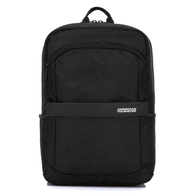 A black backpack featuring a front pocket and a branded logo, designed with a sleek, modern style.