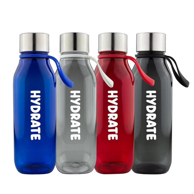 A drink bottle collection featuring blue, clear, red, and grey Tritan bottles with silver lids and straps. Each has a logo.