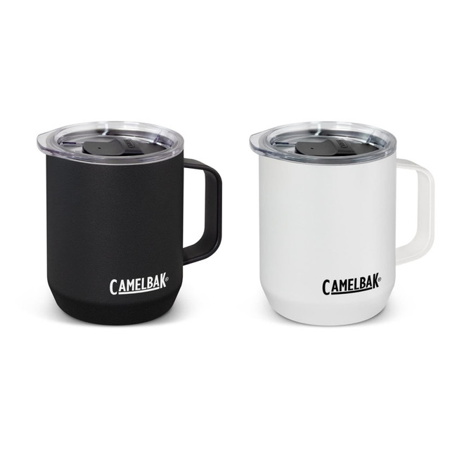A drink mug set featuring a black and a white vacuum-insulated design, each with a clear lid and a handle.