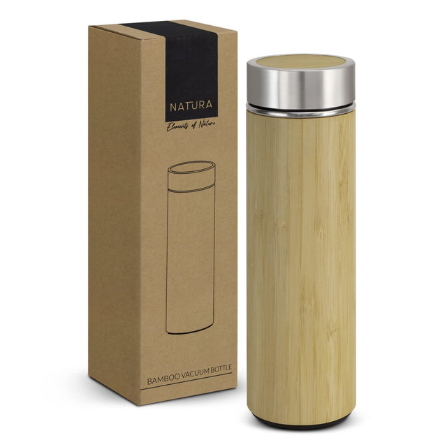 A drink bottle made of bamboo with a stainless steel lid, packaged in a simple cardboard box.