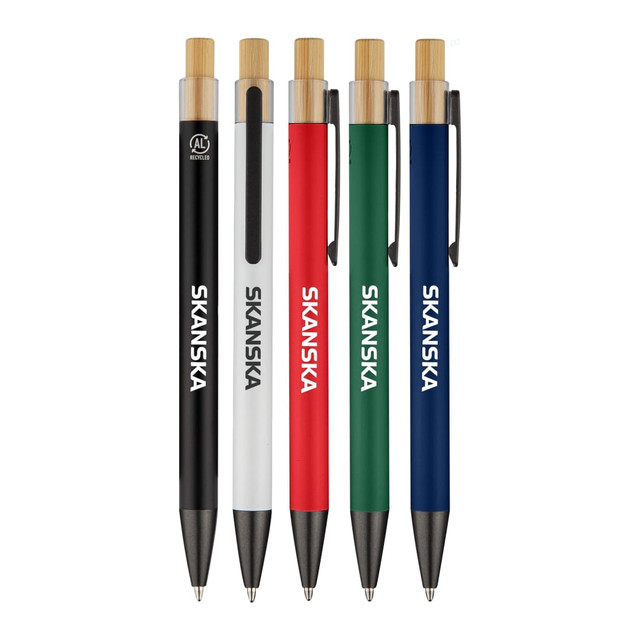 A set of five Sio Metal Pens in black, white, red, green, and blue, featuring a bamboo top and branding.