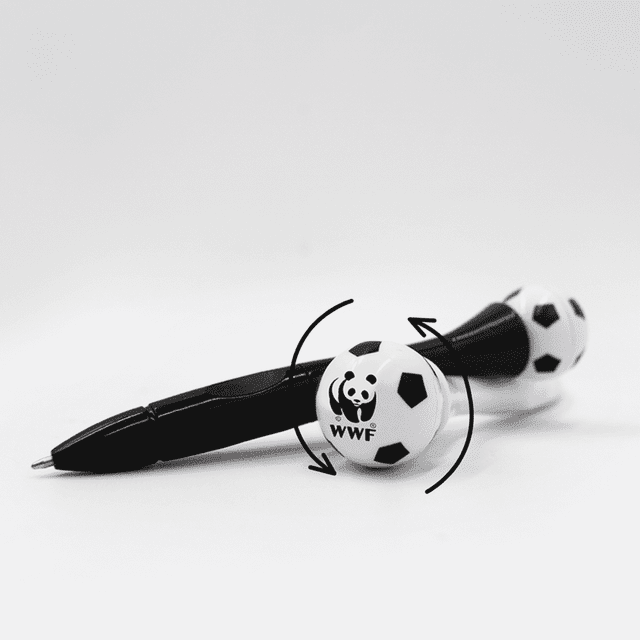 A black pen with white football-shaped ends featuring a logo. The pen has a spinning feature with black and white colours.