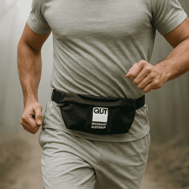 A black Boston Bag worn around the waist of a man running, featuring a logo on the front.