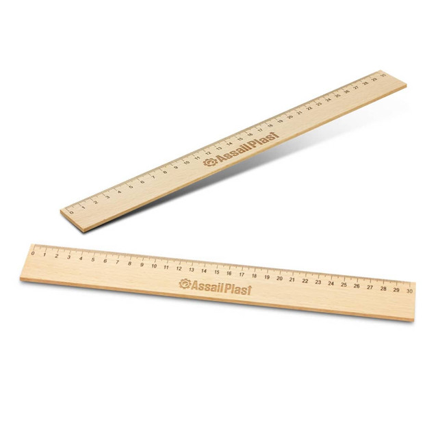 A wooden 30cm ruler in natural wood finish, featuring engraved markings and a logo.