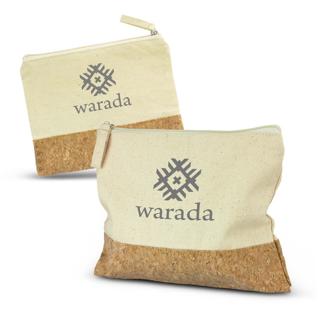 A natural canvas pencil case with a cork bottom features a stylish logo. It has a zip closure and is beige in colour.