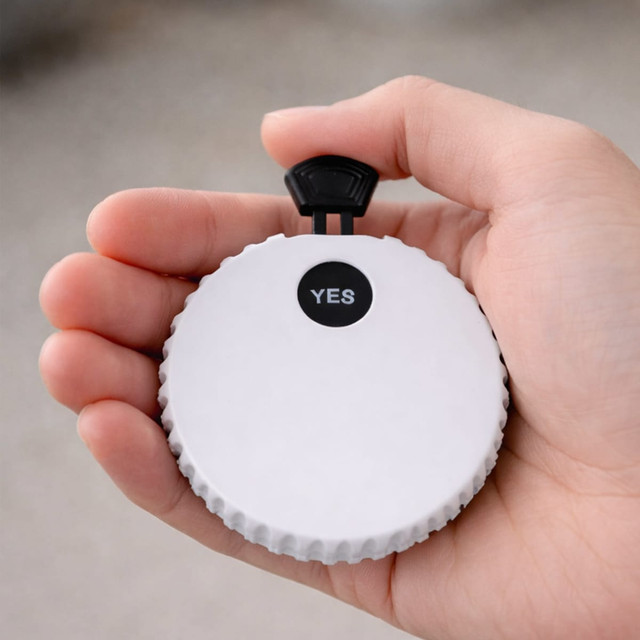 A drink bottle opener in white with a black toggle on top, held in a person's hand. Features a logo.