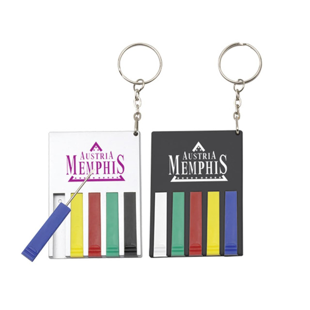 A tool set keyring featuring a white and a black casing, each with various coloured tools and a logo.