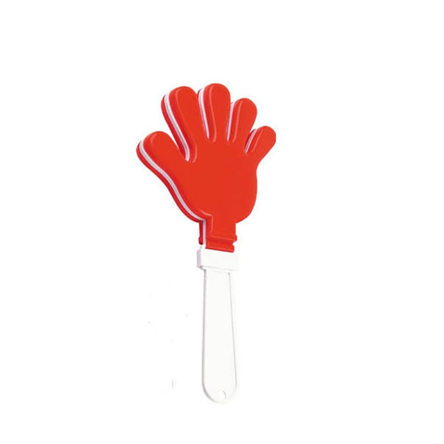 A red hand-shaped clapper with a white handle, suitable for novelty fun and games.