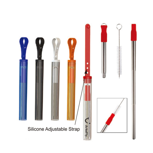 A set of reusable stainless steel drinking straws in various colours, each with a silicone adjustable strap and a cleaning brush.