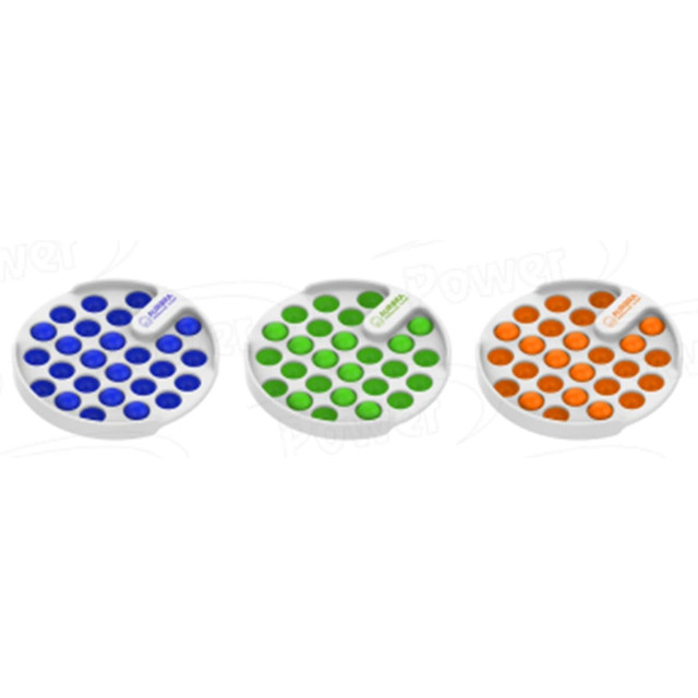 Three circular novelty bubble poppers in blue, green, and orange, each with a white rim and branding.