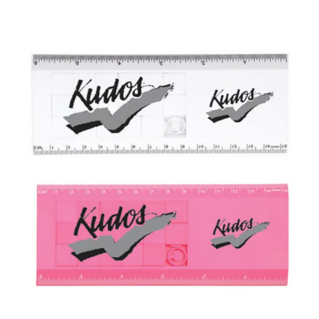 A pink and a transparent ruler featuring a logo, with measurement markings along the edges.