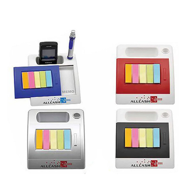 A pen holder with a memo pad and assorted sticky notes in blue, pink, yellow, and orange. Available in red, white, and black options.